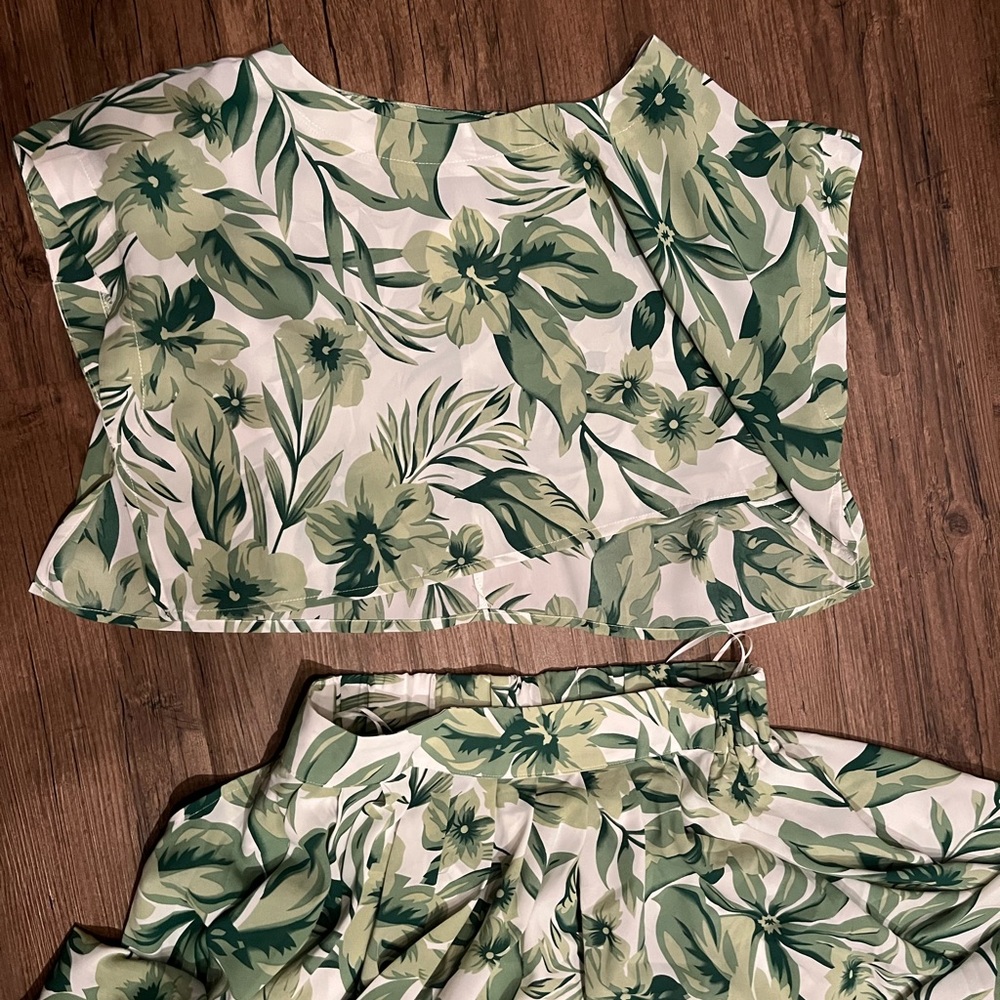Two Piece Floral Set - Midi Length Skirt and Crop Top